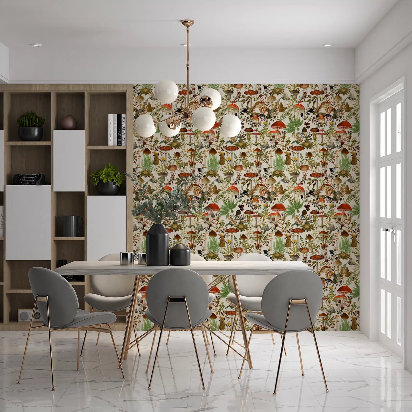 Papier peint rustique de bolets et de fleurs des sous-bois