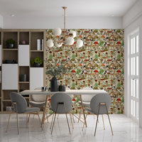 Papier peint rustique de bolets et de fleurs des sous-bois