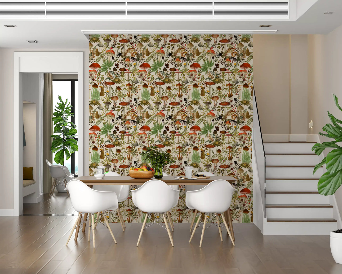 Papier peint rustique de bolets et de fleurs des sous-bois