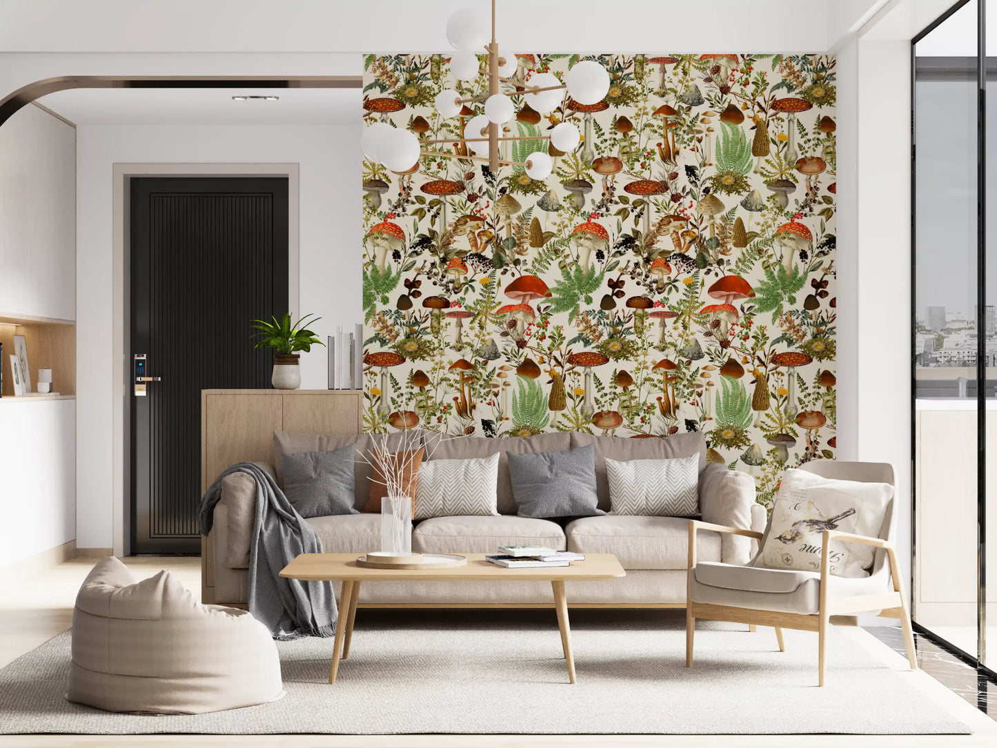 Papier peint rustique de bolets et de fleurs des sous-bois