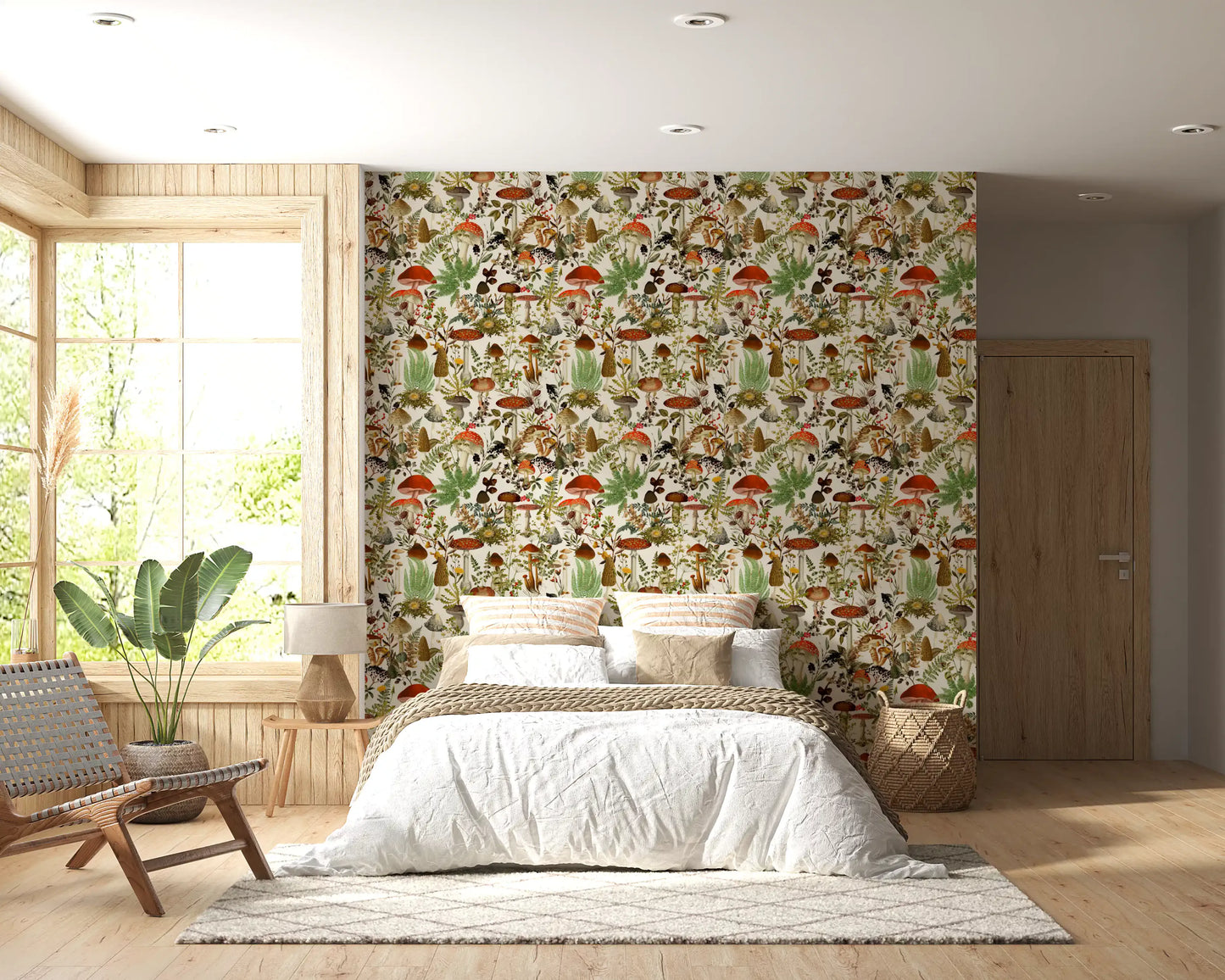 Papier peint rustique de bolets et de fleurs des sous-bois