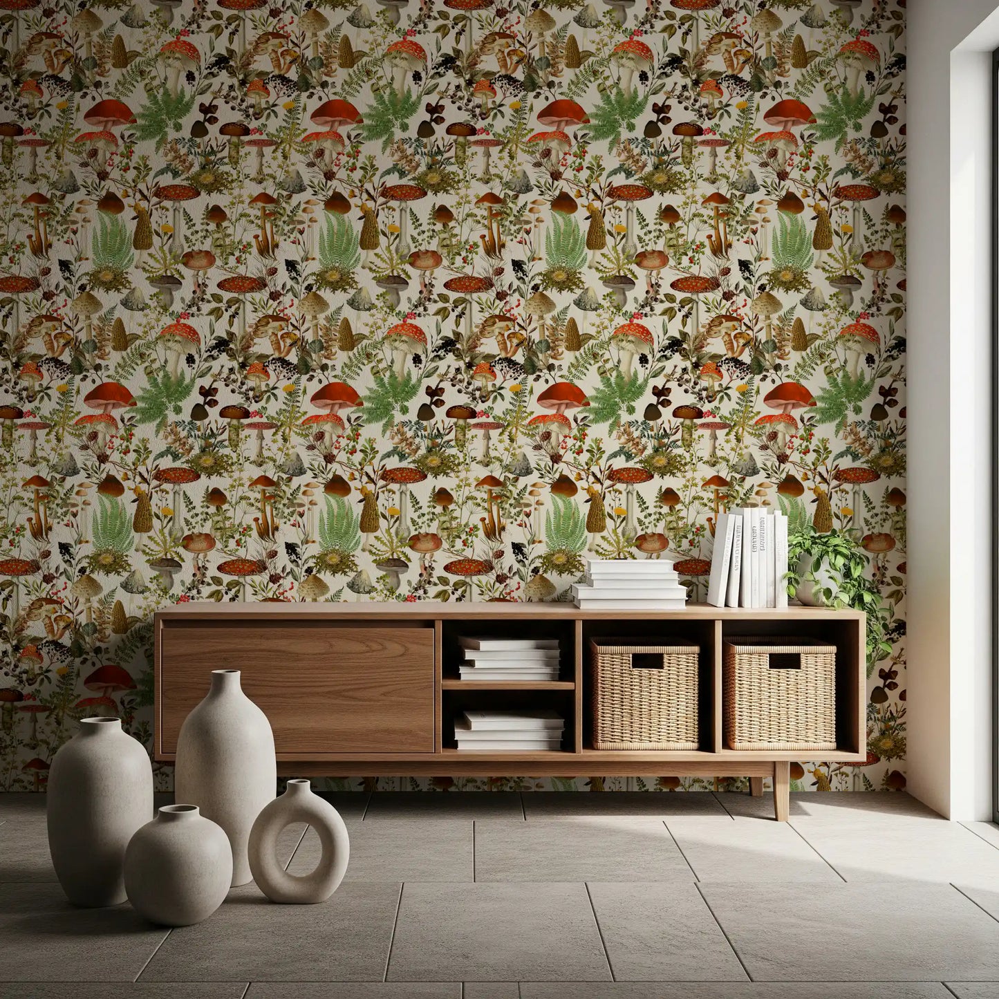 Papier peint rustique de bolets et de fleurs des sous-bois