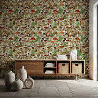 Papier peint rustique de bolets et de fleurs des sous-bois