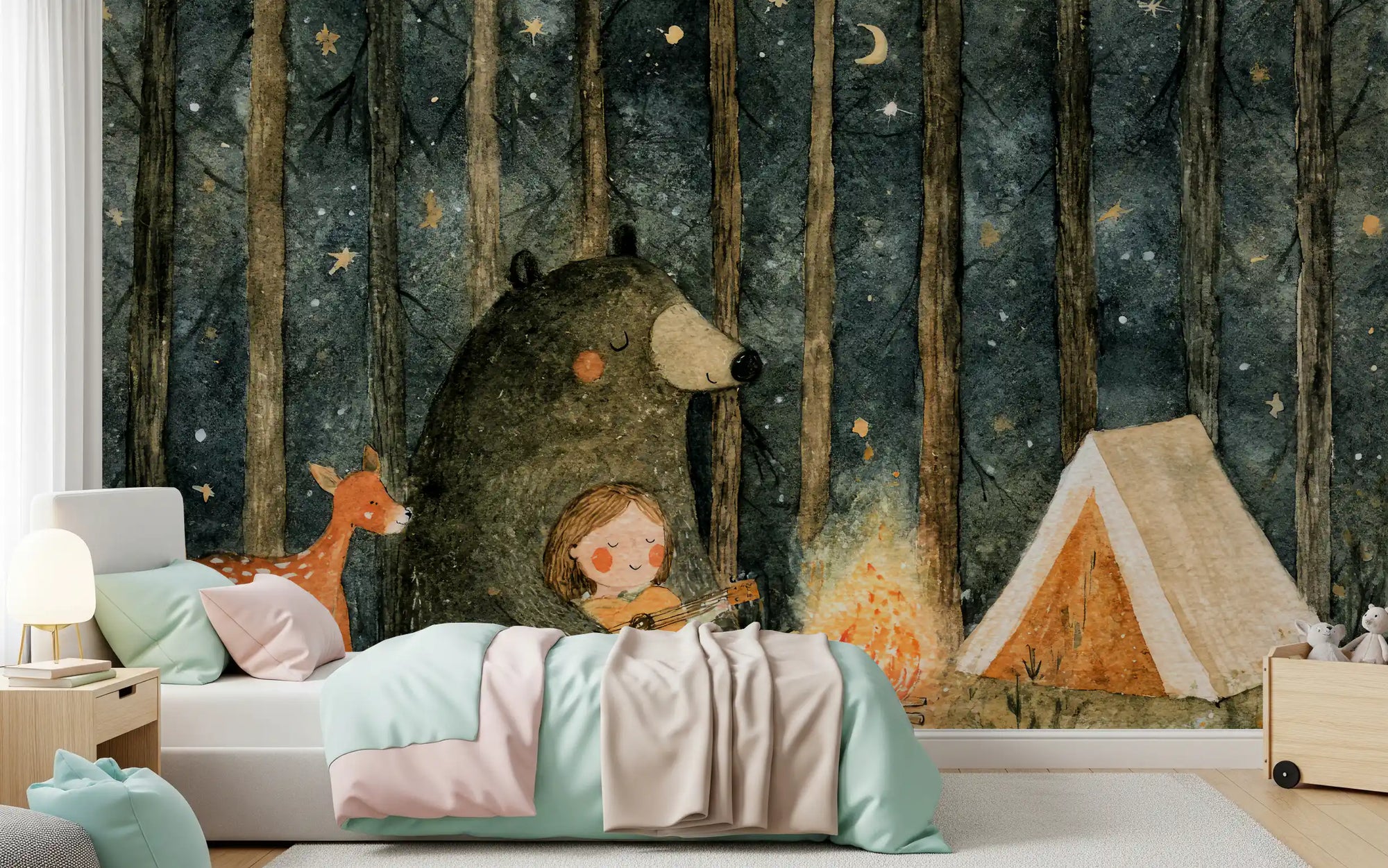 Fresque murale « Amis autour du feu de camp dans la forêt nocturne »