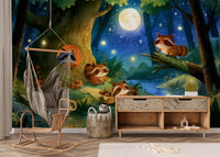 Wandbild „Picknick im mondbeschienenen Waschbärenwald“