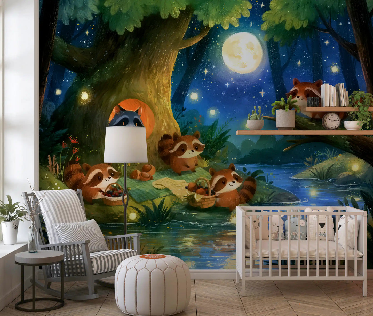 Wandbild „Picknick im mondbeschienenen Waschbärenwald“