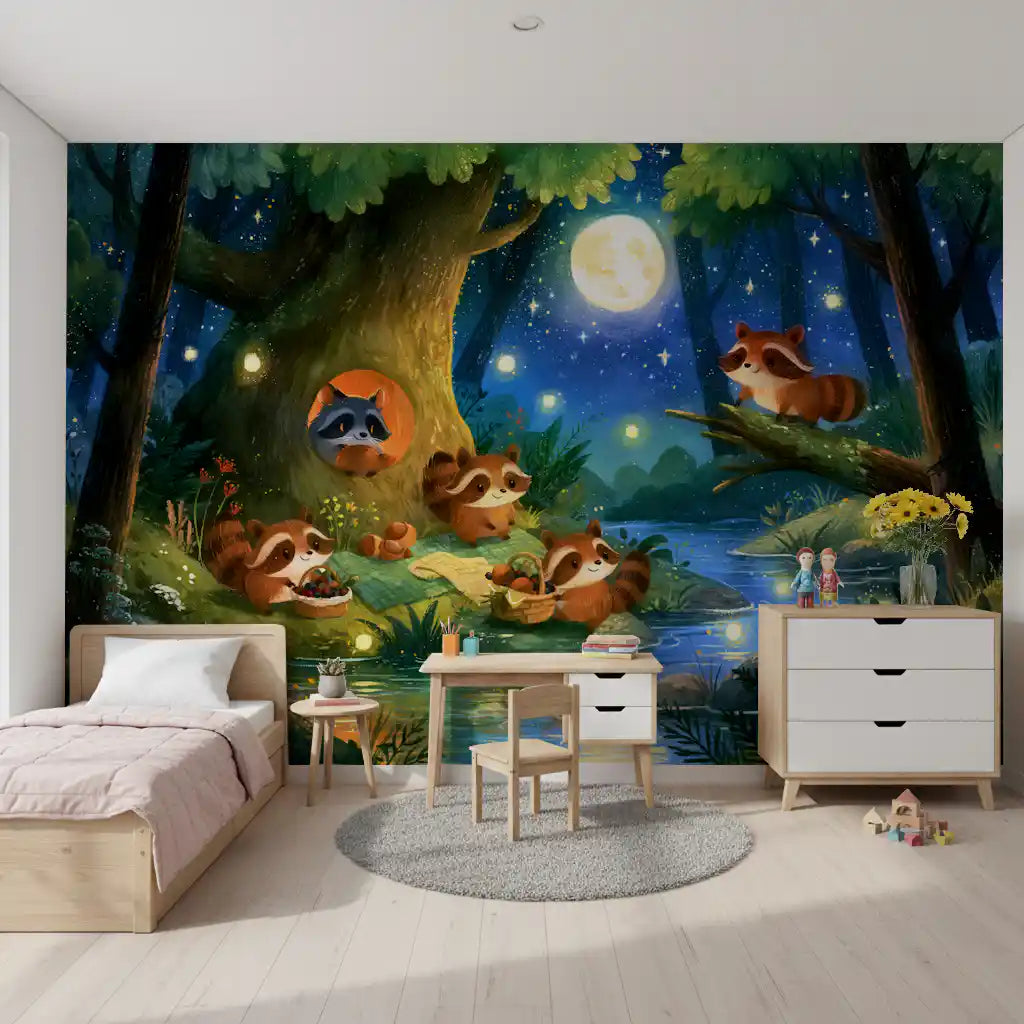 Wandbild „Picknick im mondbeschienenen Waschbärenwald“