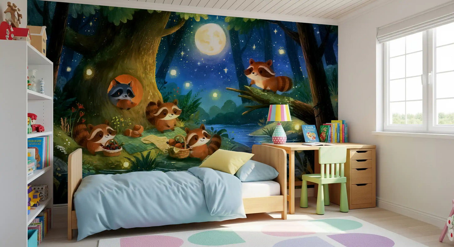 Wandbild „Picknick im mondbeschienenen Waschbärenwald“
