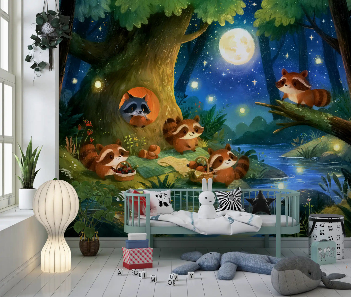 Wandbild „Picknick im mondbeschienenen Waschbärenwald“