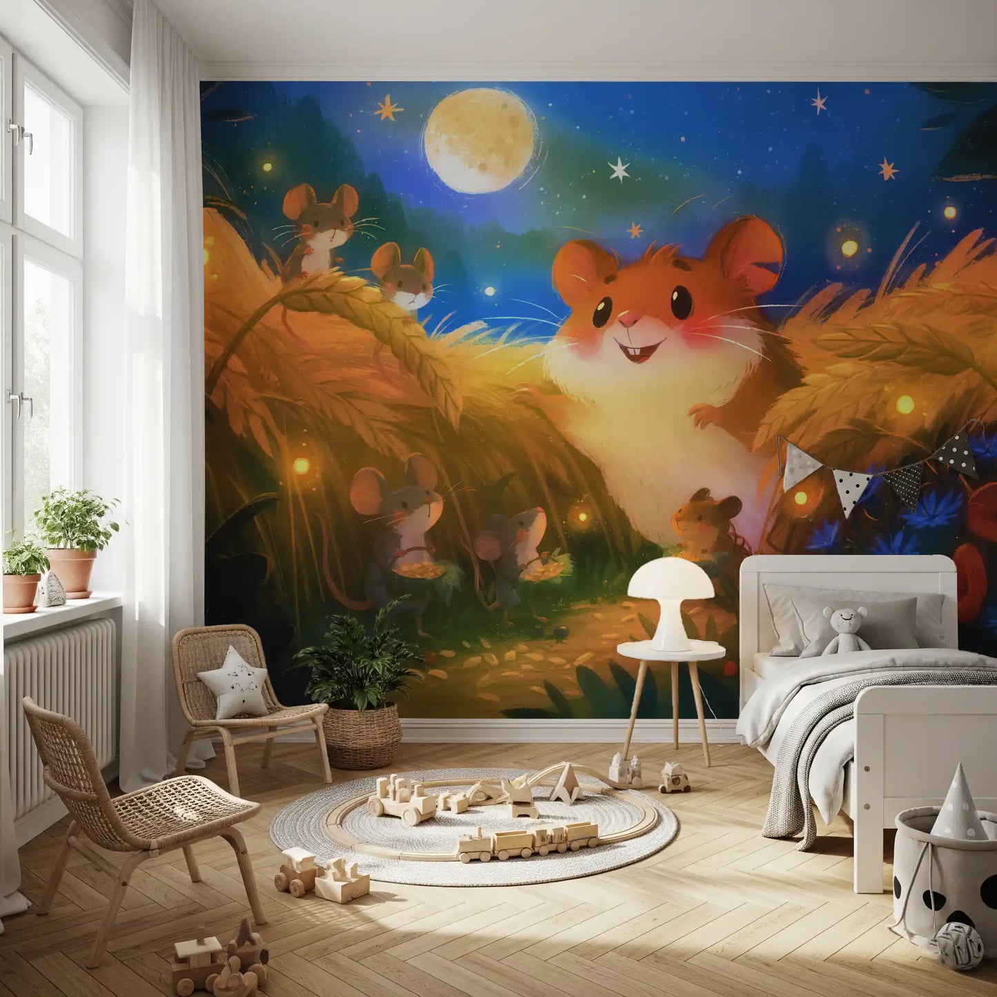 Fresque murale « Rassemblement de lucioles dans la forêt de hamsters à minuit »