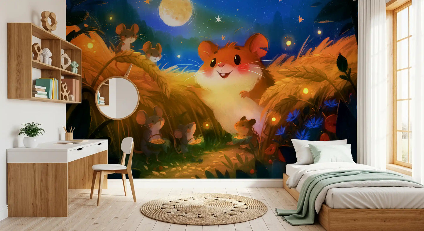 Fresque murale « Rassemblement de lucioles dans la forêt de hamsters à minuit »