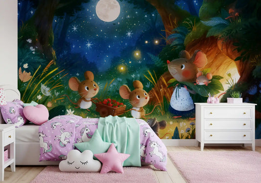 真夜中の森でネズミたちが集う壁画