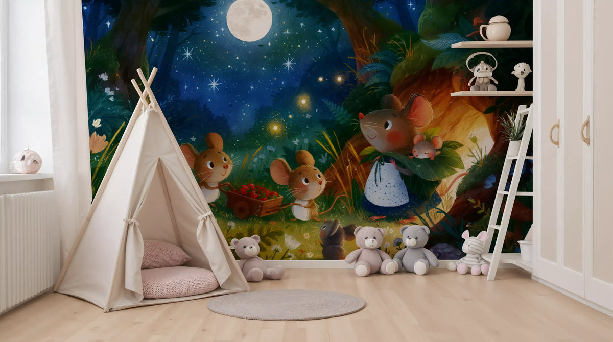 Woodland wallpaper mouse mural in a nursery with a teepee and teddy bears GD13013