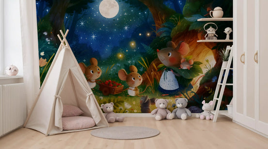 Fresque murale « Rassemblement de souris dans la forêt à minuit »