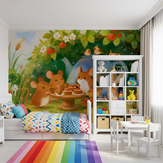 Waldmäuse-Teeparty-Illustration als Wandbild