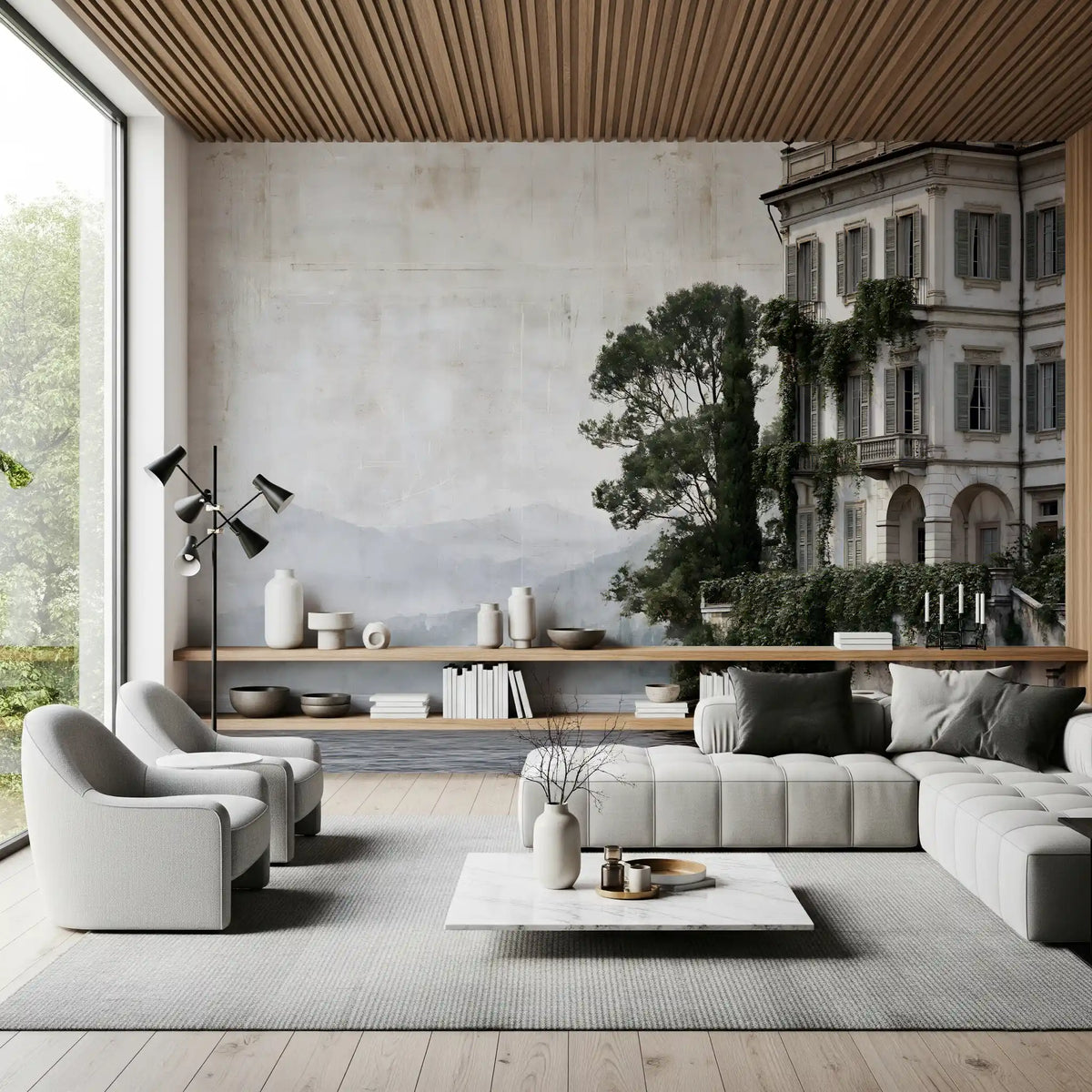 Italian villa wall mural behind a white sectional sofa in a living room GD13025