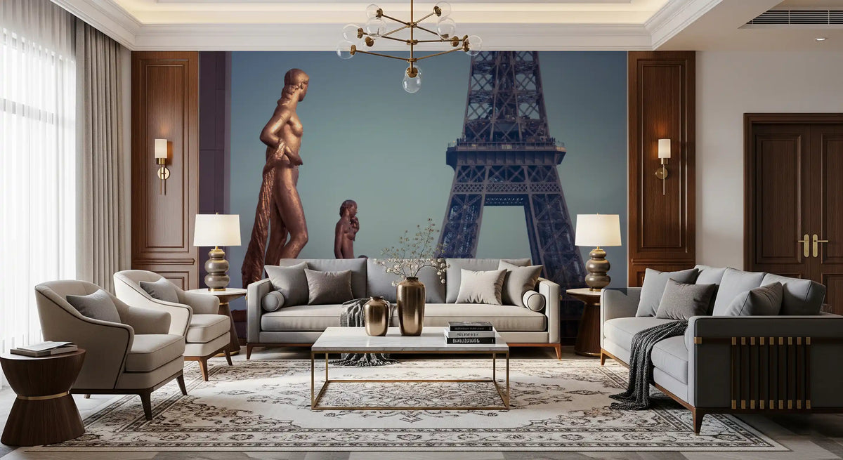 Paris wallpaper of bronze statues and the Eiffel Tower behind grey sofas GD13029