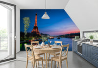 Vægmaleri med Paris' flodlandskab om natten