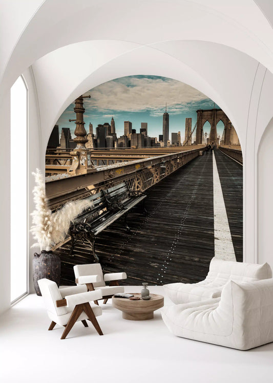 Väggmålning med Brooklyn Bridges gångväg och stadssilhuett