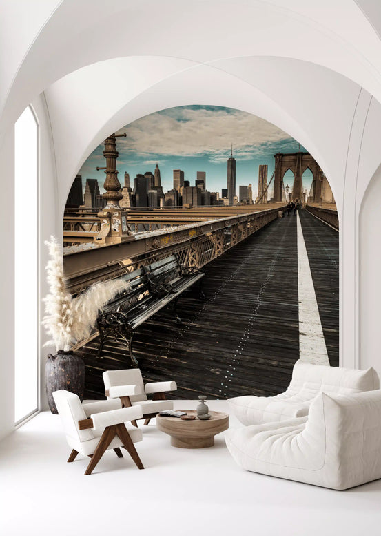 Mural de Parede do Passadiço Pedonal da Ponte de Brooklyn com Vista para o Horizonte Urbano