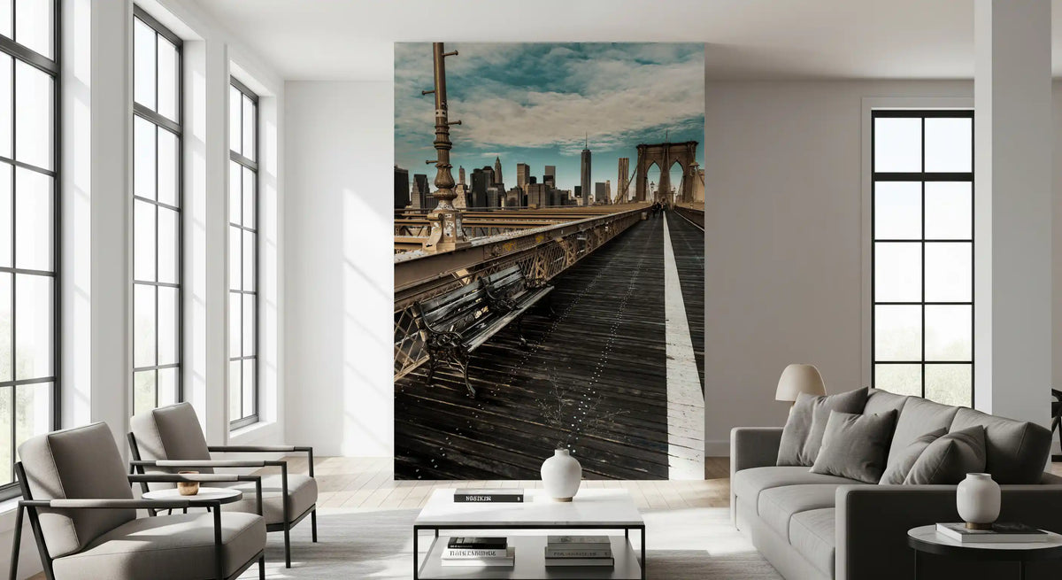 Brooklyn Bridge mural in a living room with a grey sofa and chairs GD13034