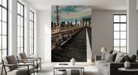 Brooklyn Bridge mural in a living room with a grey sofa and chairs GD13034
