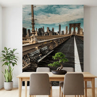 New York wallpaper in a dining room with a bonsai on a wood table GD13034