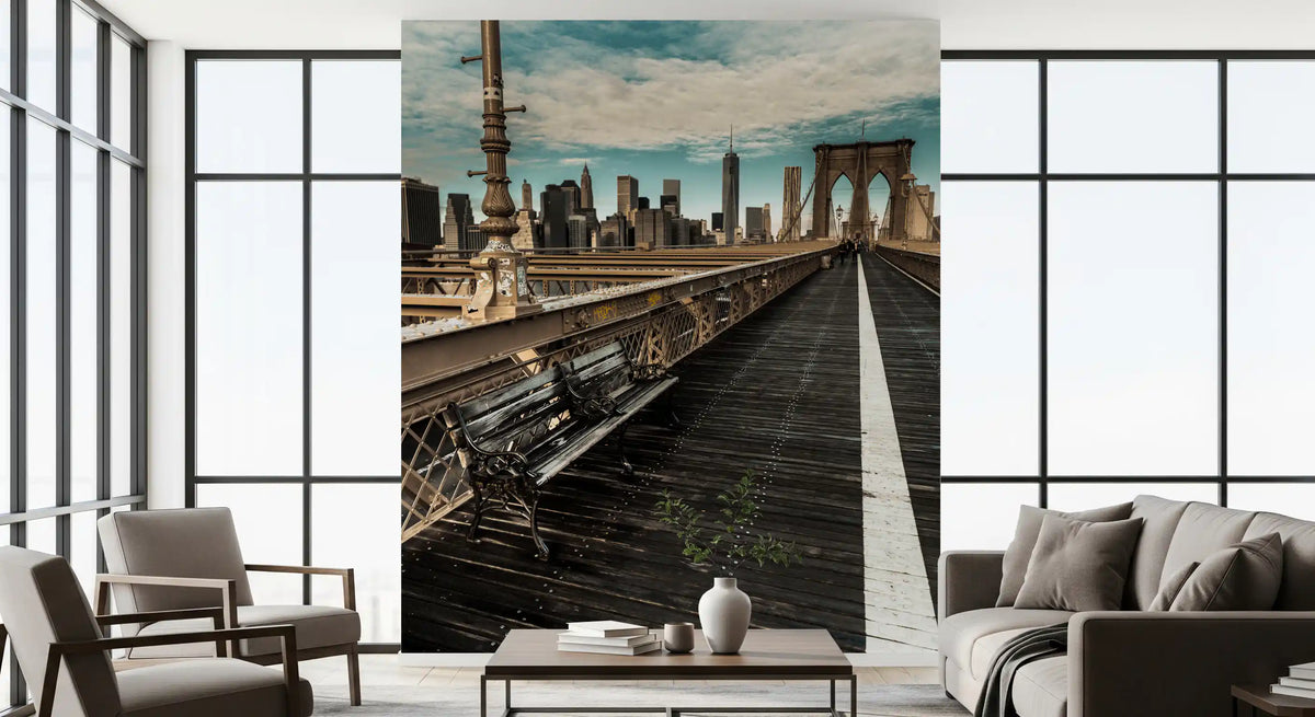 New York wallpaper in a bright living room with grey chairs and tall windows GD13034