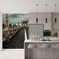 New York wallpaper in a kitchen with an island and bar stools GD13034