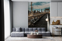 Brooklyn Bridge mural in a living room with a grey sofa GD13034