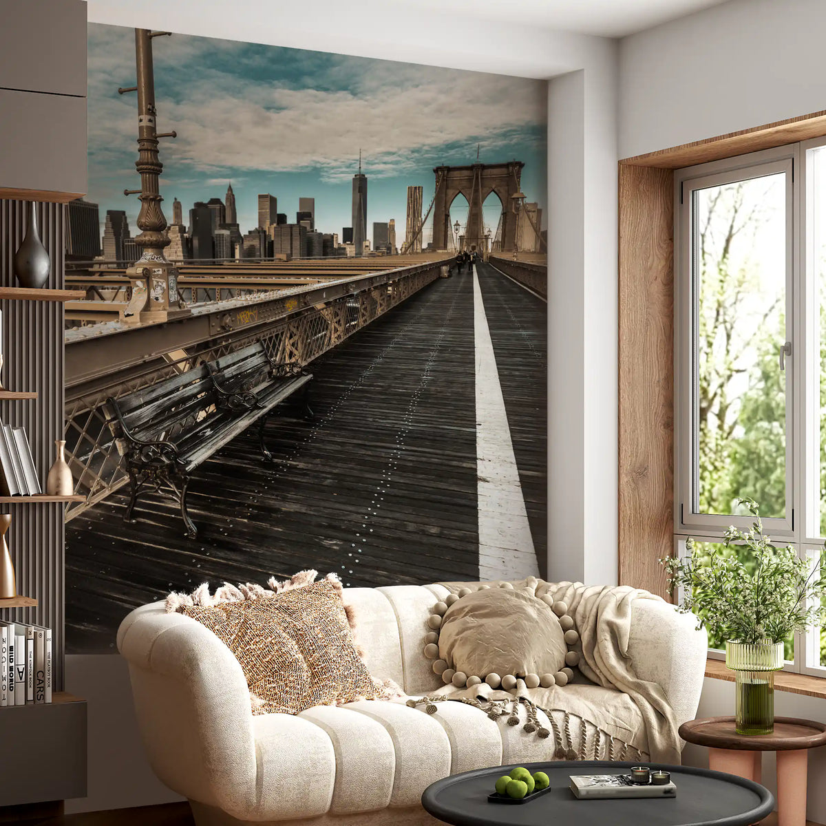 Brooklyn Bridge mural in a living room with a boho beige sofa GD13034