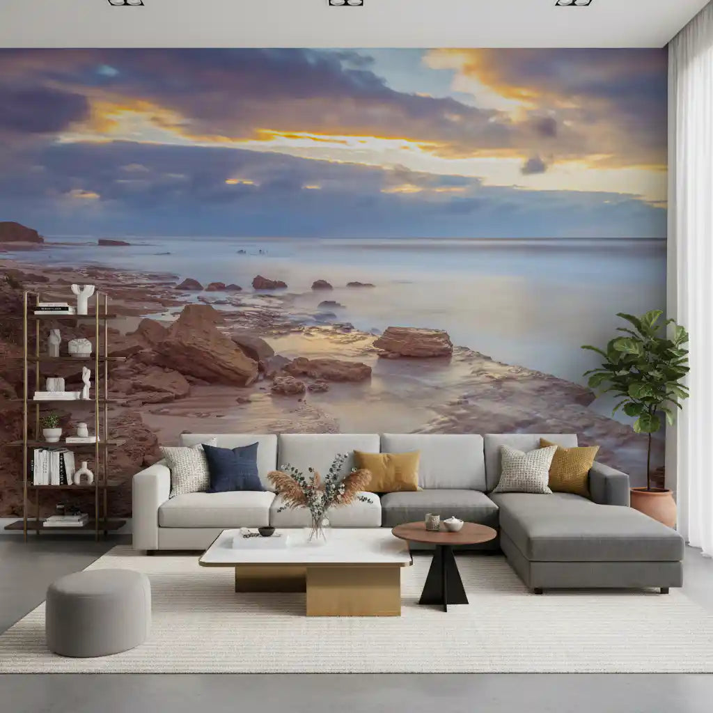 Dämmerungsküste mit Felsen als Wandbild