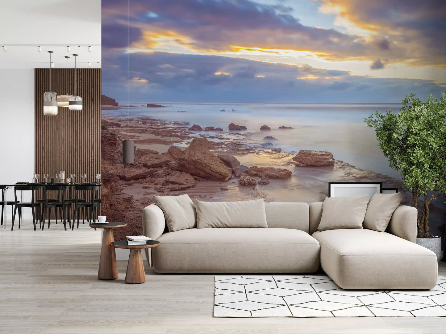 Dämmerungsküste mit Felsen als Wandbild