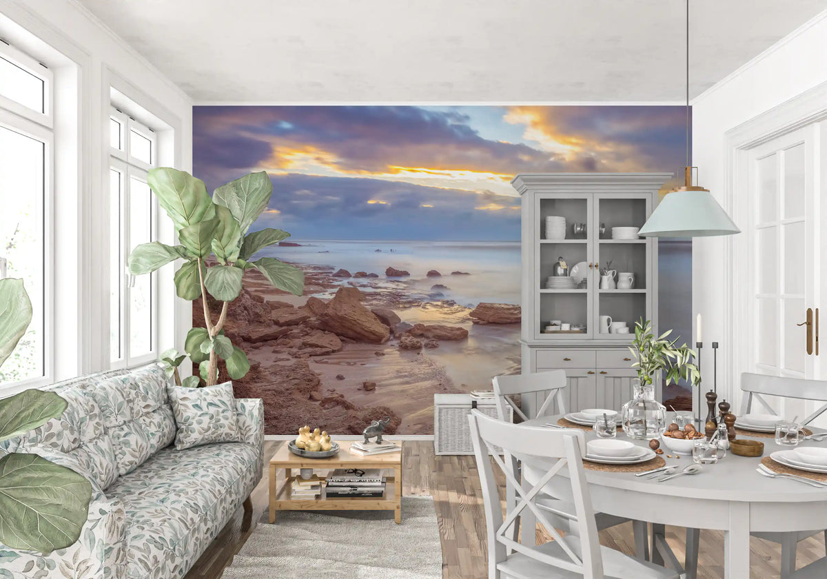 Dämmerungsküste mit Felsen als Wandbild