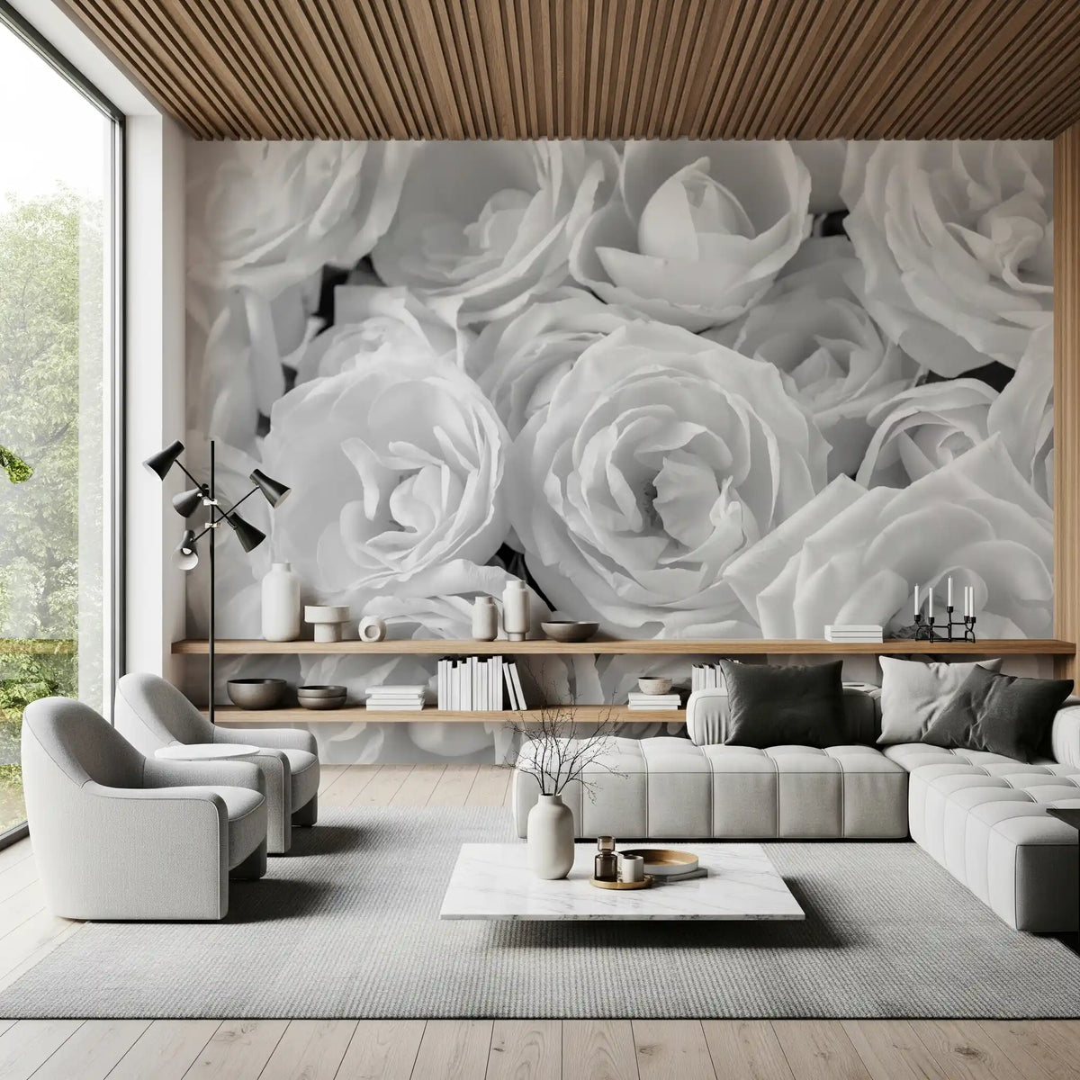 Superposition abstraite de pétales monochromes en panoramique mural