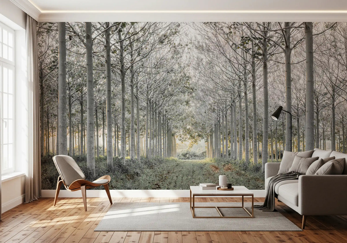 Panoramique mural représentant une perspective boisée minimaliste
