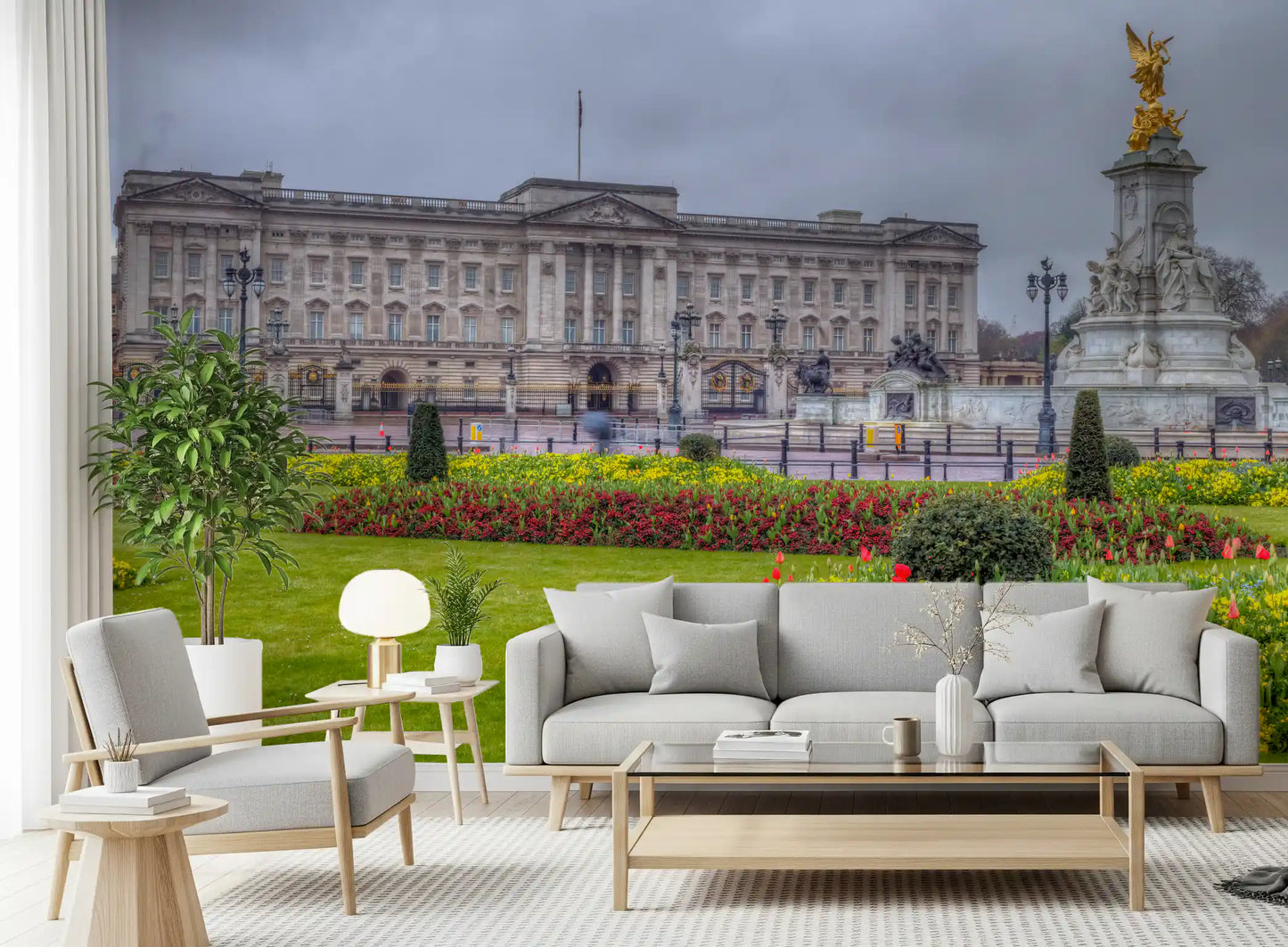 Vue panoramique murale du palais et du jardin printanier