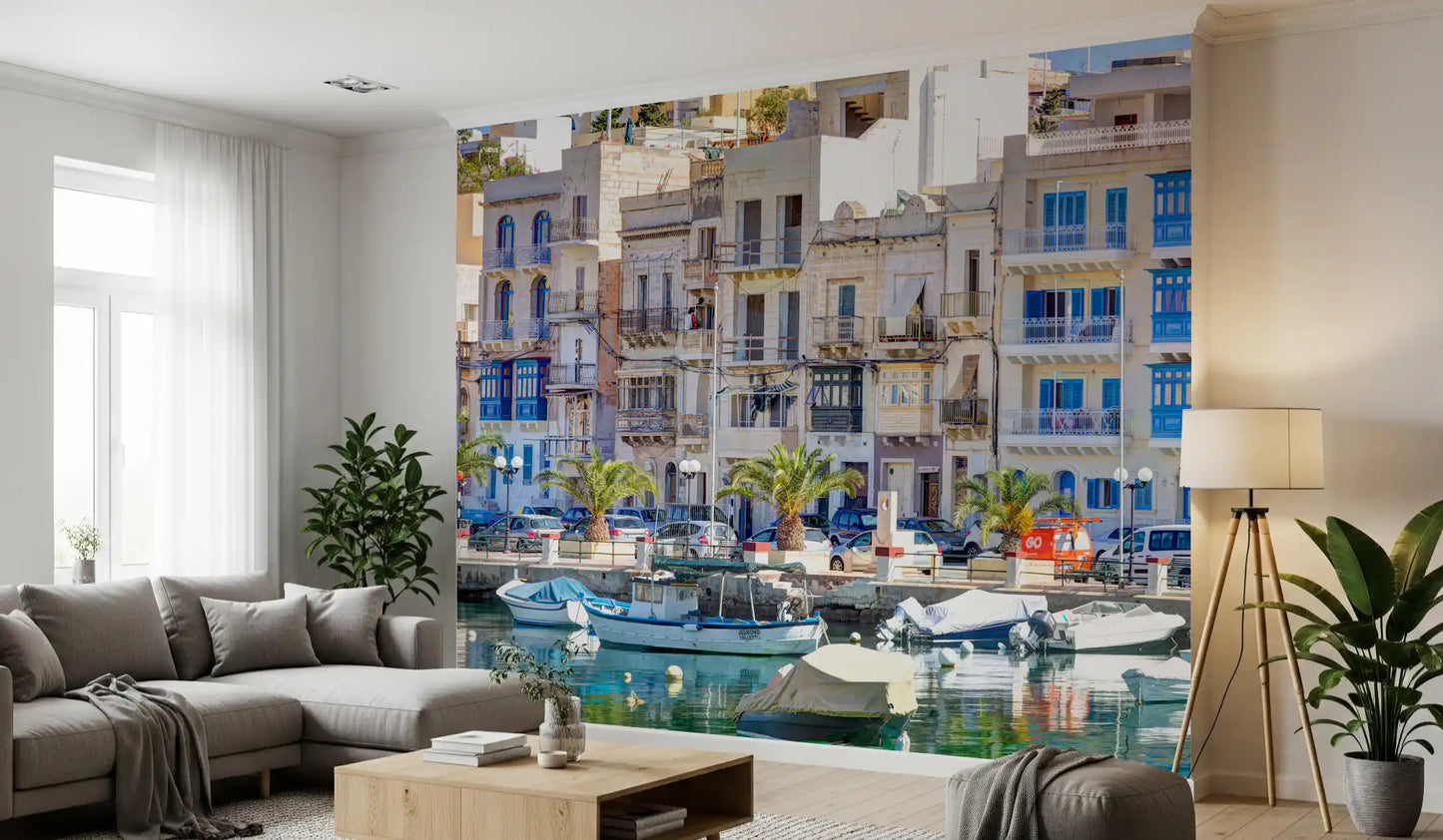 Architektonischer Wandbild-Blick auf eine steinerne Uferpromenade
