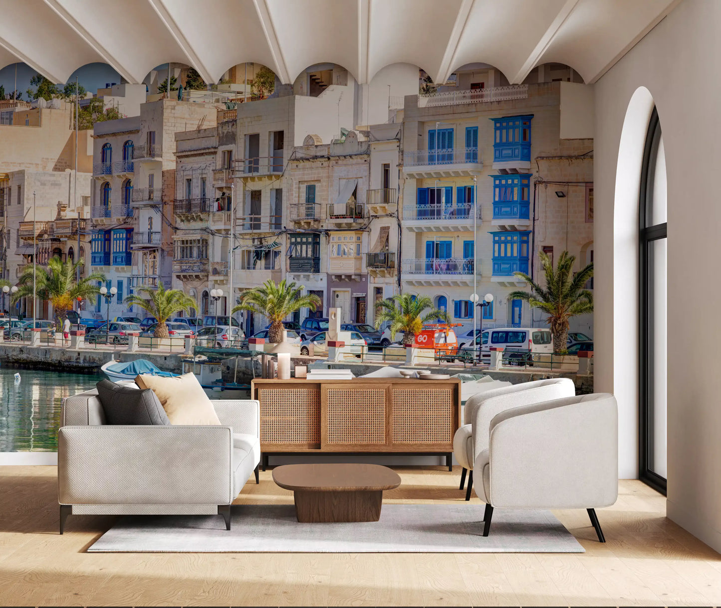 Architektonischer Wandbild-Blick auf eine steinerne Uferpromenade