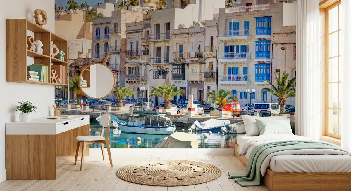 Architektonischer Wandbild-Blick auf eine steinerne Uferpromenade