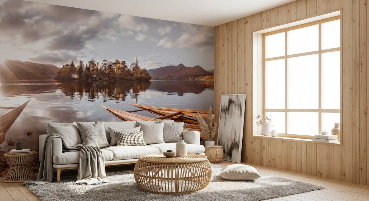 Papier peint mural représentant un lac au coucher du soleil en automne