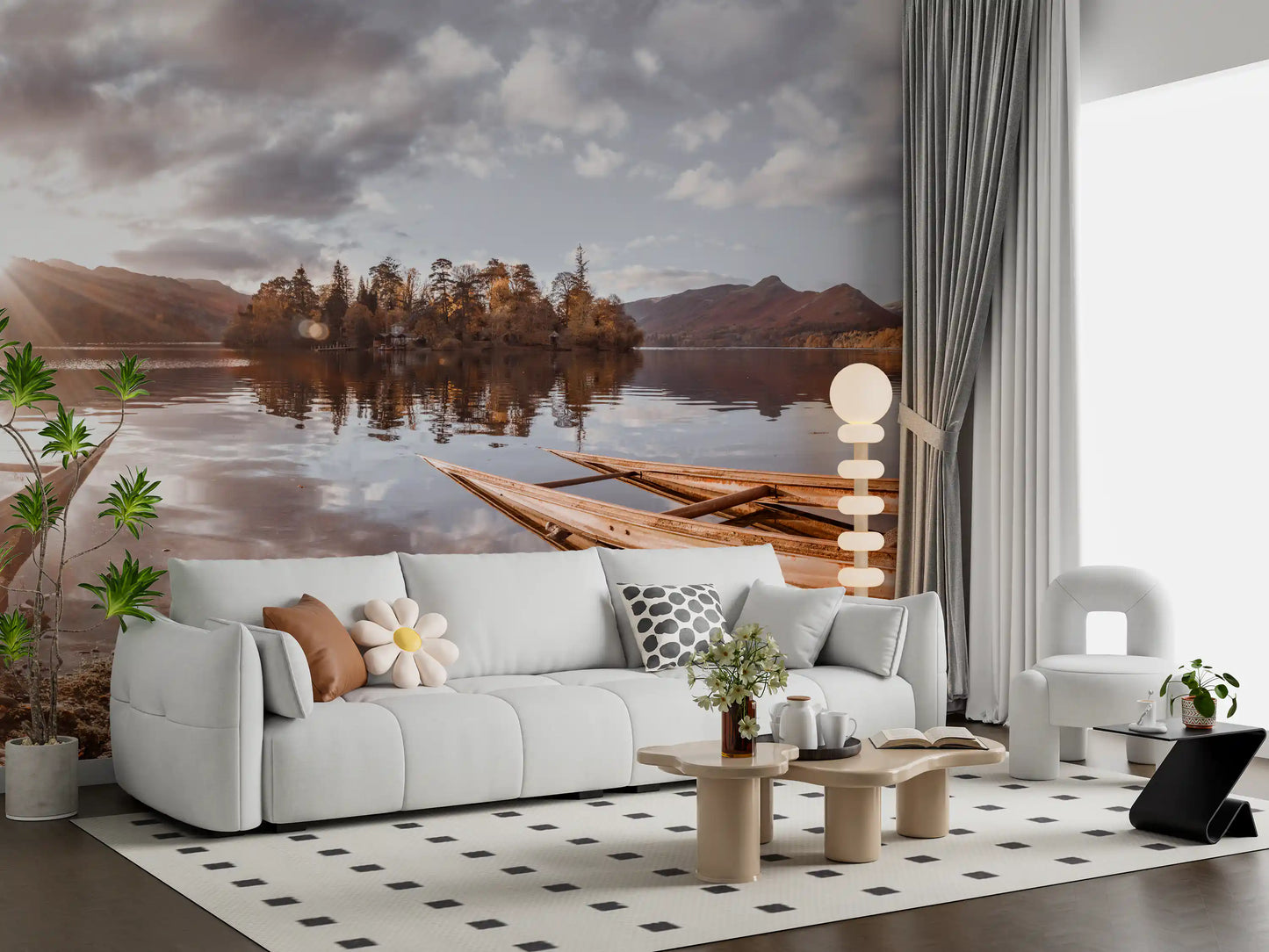 Papier peint mural représentant un lac au coucher du soleil en automne