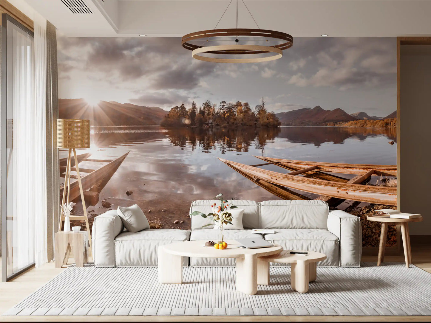 Papier peint mural représentant un lac au coucher du soleil en automne