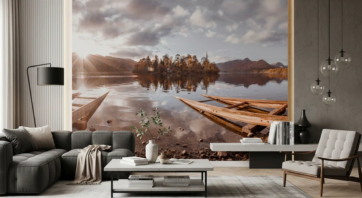 Papier peint mural représentant un lac au coucher du soleil en automne