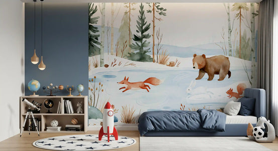 Papier peint panoramique mural « Amis de la forêt hivernale », scène à l’aquarelle