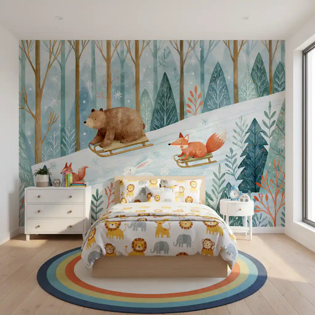 Wandbild „Winterwald-Freunde: Rodelabenteuer“