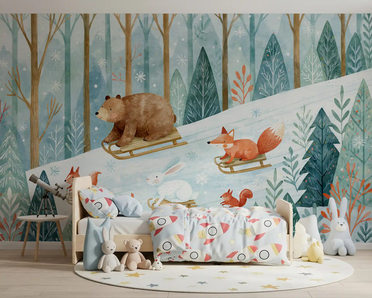 Wandbild „Winterwald-Freunde: Rodelabenteuer“