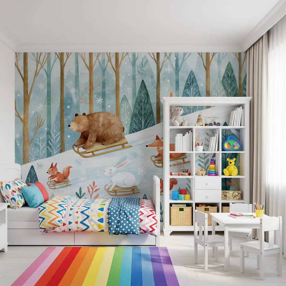 Wandbild „Winterwald-Freunde: Rodelabenteuer“