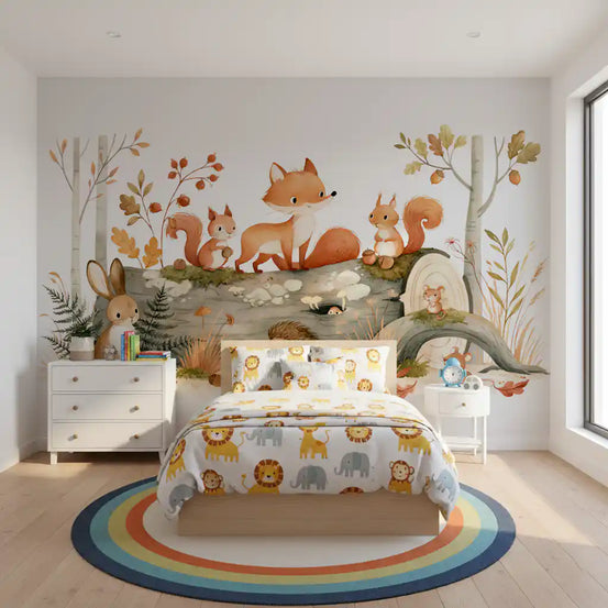 Papier peint panoramique mural « Amis de la forêt dans un bois automnal »