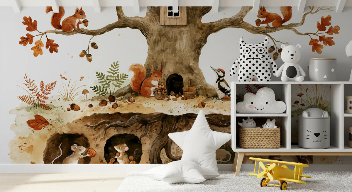 Papier peint panoramique « Refuge d’animaux de la forêt automnale »
